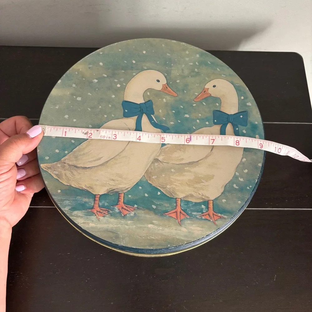 Vintage Country Geese Blue Bowed Goose 80s Biscuit Tin Sewing Kit Button Box